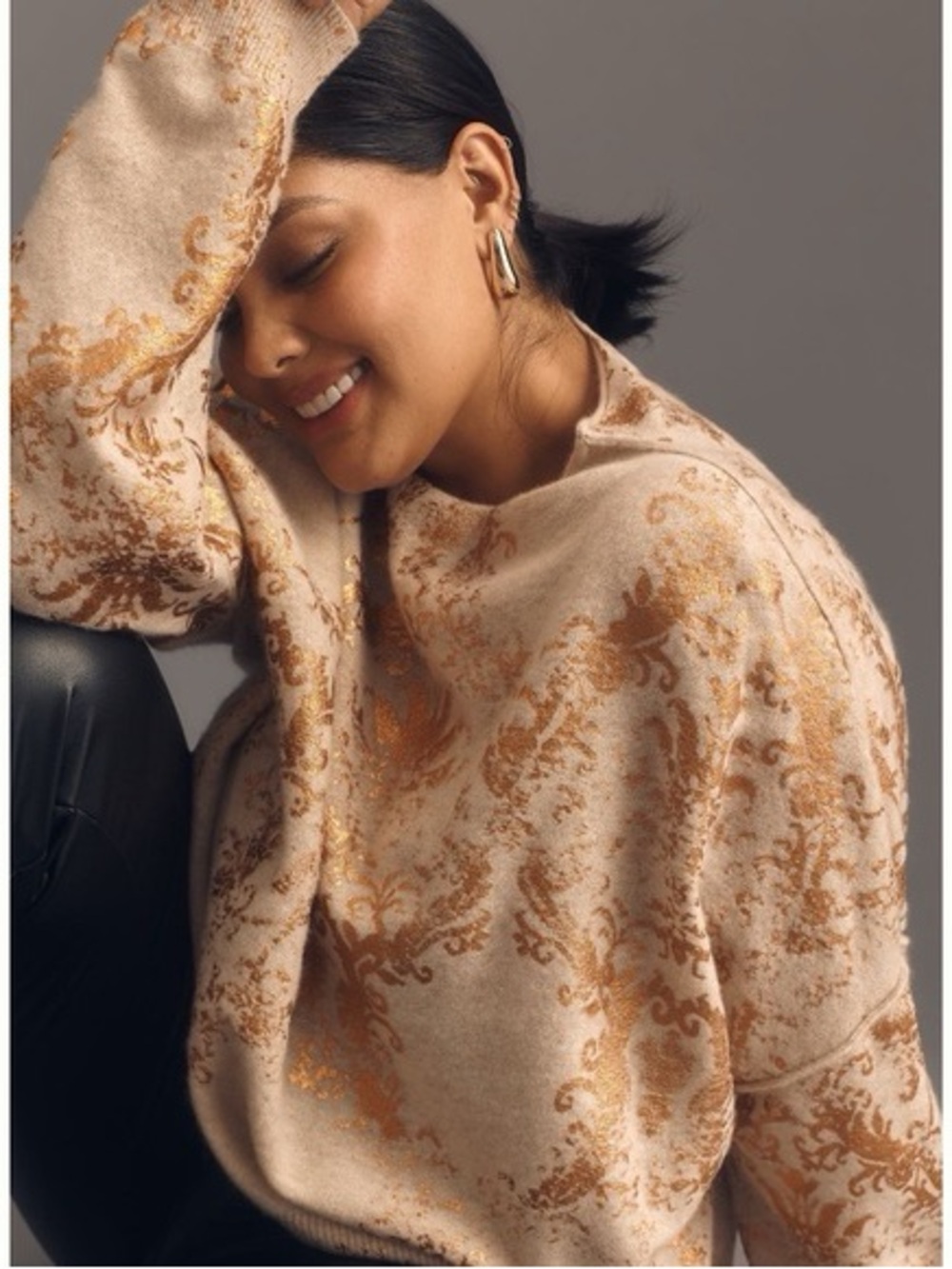Anthropologie 100% Cashmere Pilcro Alani Sweater Mock Neck Oversized Gold Cream